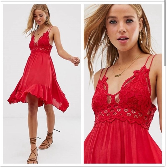Free People Dresses & Skirts - Free People Red Adella Lace Mini Slip Dress